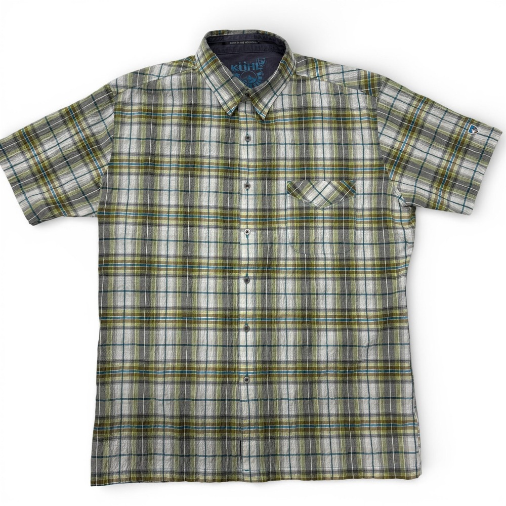 KUHL Mens Plaid Short Sleeve Button Up Shirt Green Tan Blue XL